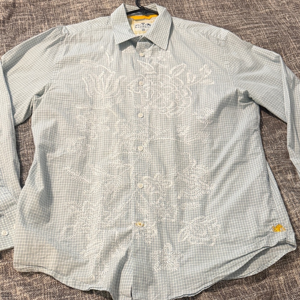 Express Light Blue Checked Button-Down Shirt with White Embroidery